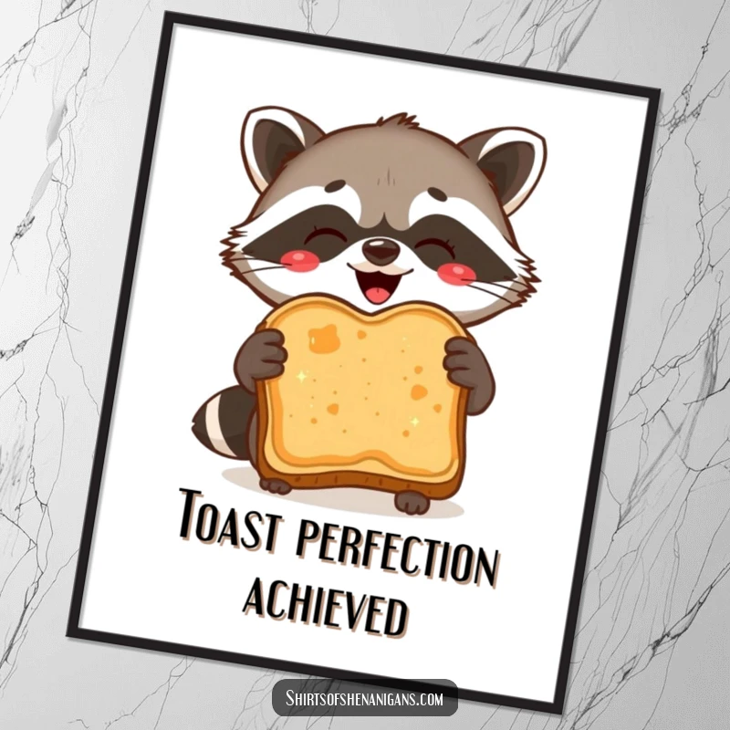Funny Digital Art: Delighted raccoon proudly holds burnt toast, instant printable art for humor.