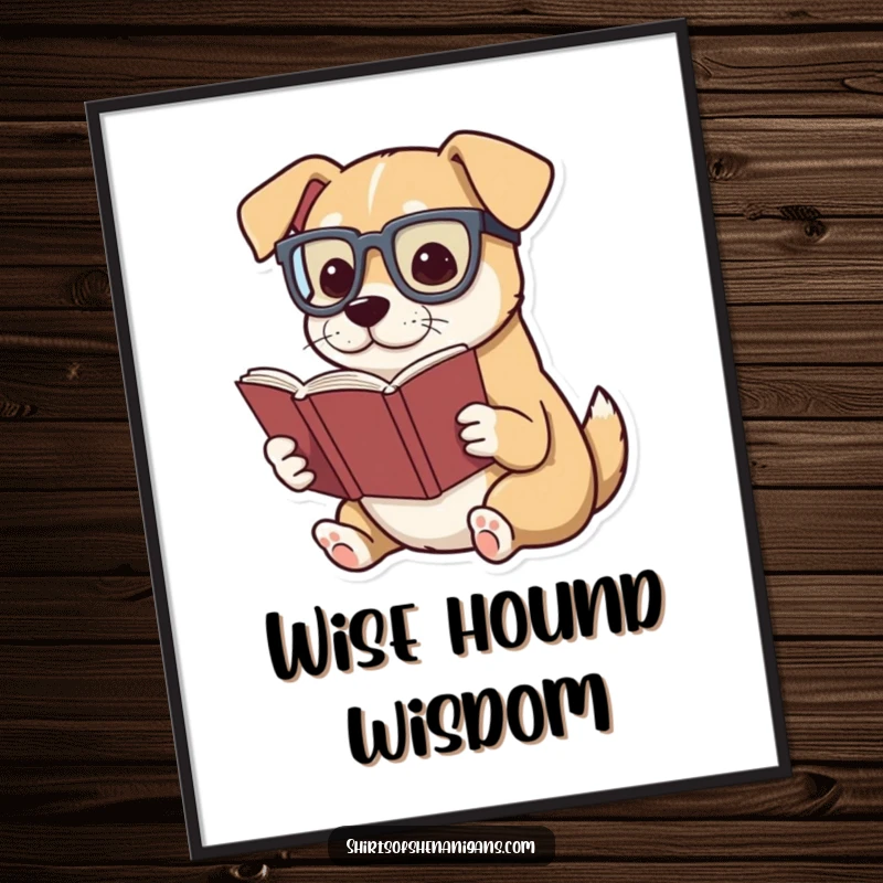 Funny digital art print of a dog wearing glasses, dramatically reading a tiny book.