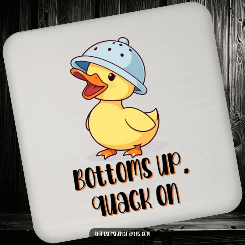 Funny coaster: A quacking duck wearing a colander hat, a humorous addition to any drink setup.