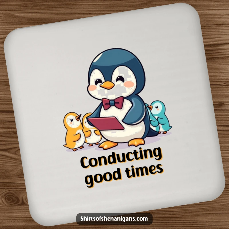 Funny drink coaster featuring a penguin wearing a bowtie conducting an orchestra of squeaks, adding charm.