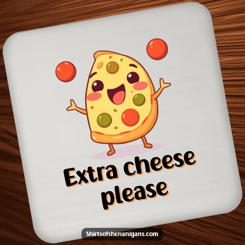 Funny Coaster: Happy pizza slice juggling tiny meatballs, a protective and humorous accessory for drinks.