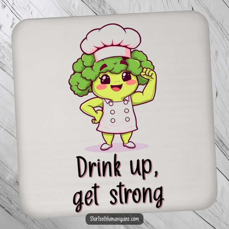 Funny Broccoli Chef Coaster: Proud broccoli flexing muscle, a fun and functional drink accessory.