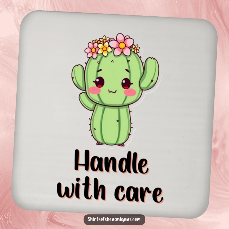 Funny cactus coaster featuring a proud cactus wearing a flower crown, in an awkward pose, protecting surfaces with humor.