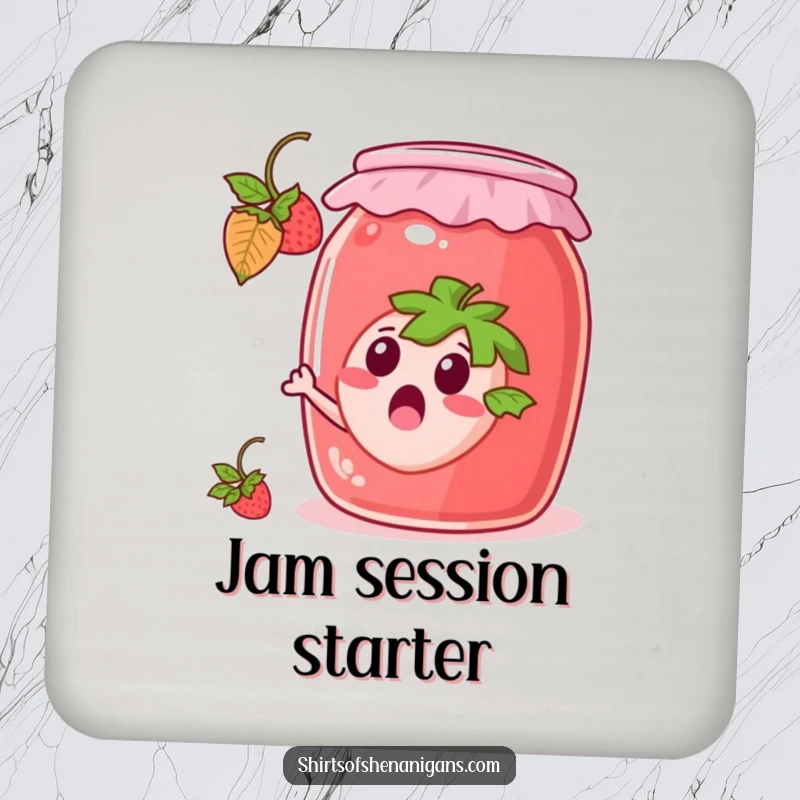 Funny Coaster: Surprised strawberry escaping a jam jar, a protective and humorous accessory for drinks.