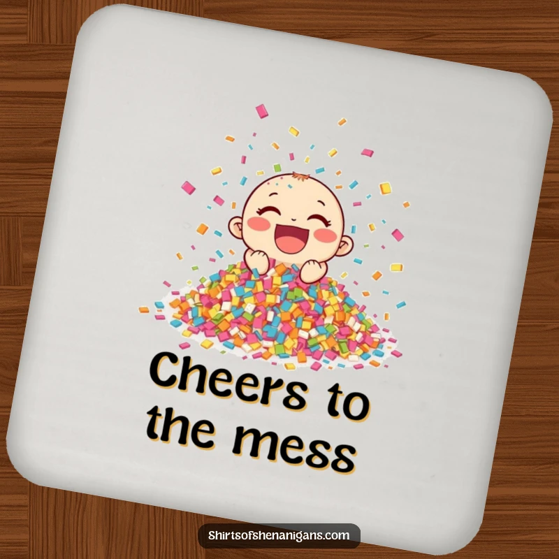 Funny Giggling Confetti Drink Coaster with a vibrant pile of confetti celebrating, adding festive humor to any table, a perfect funny gift.