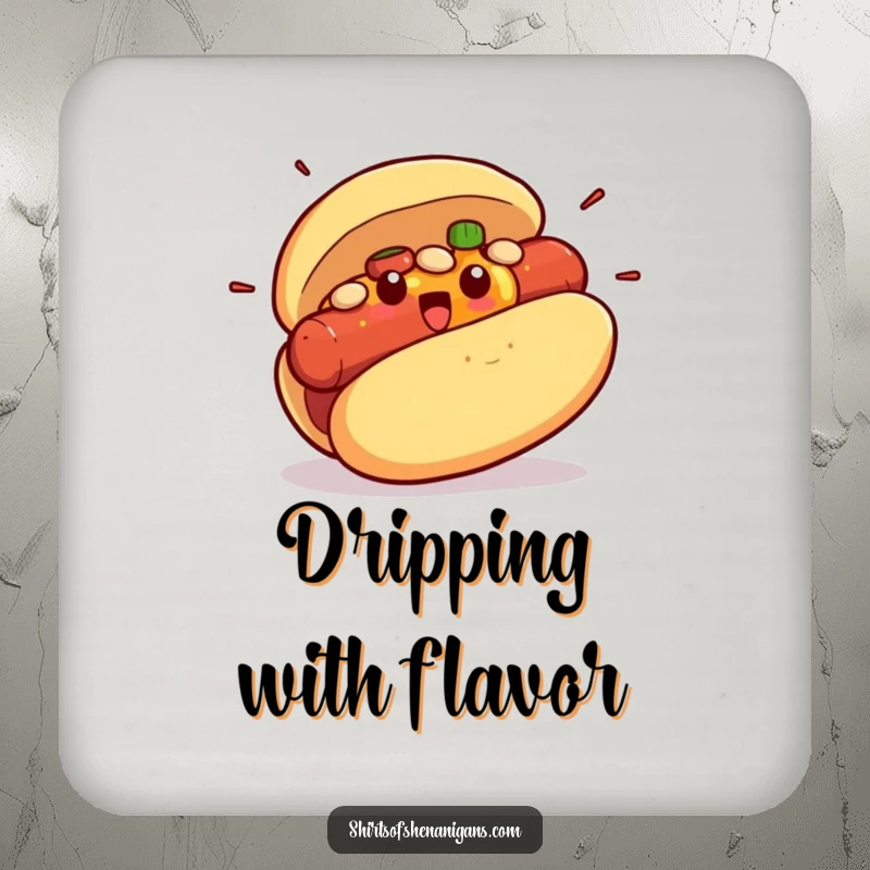 Funny drink coaster with a surprised hot dog bun character bursting with condiments, a humorous table accessory.