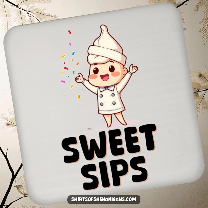 Funny ice cream cone chef coaster depicting a happy character juggling sprinkles, protecting surfaces with charm.