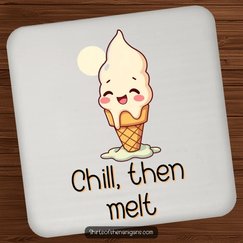 Funny drink coaster with a giggling ice cream cone melting in the sun, a sweet table accessory.