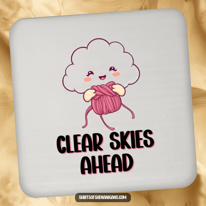 Funny Coaster: Cheerful cloud knitting a rainbow, a protective and humorous accessory for drinks.