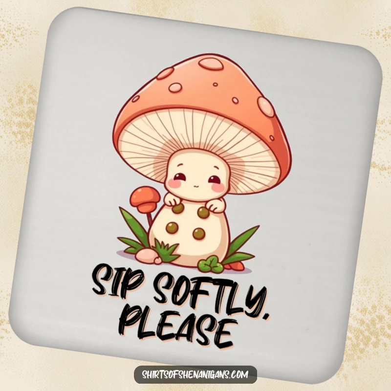 Funny Mushroom Chef Coaster: Shy mushroom peeking from cap, a cute and functional drink accessory.
