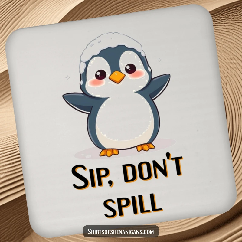 Funny Coaster: Clumsy penguin covered in flour looks confused, perfect for protecting surfaces humorously.