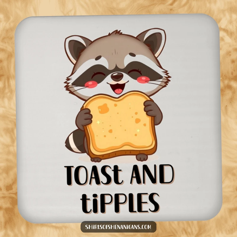 Funny Coaster: Delighted raccoon proudly holds burnt toast, perfect for protecting surfaces humorously.