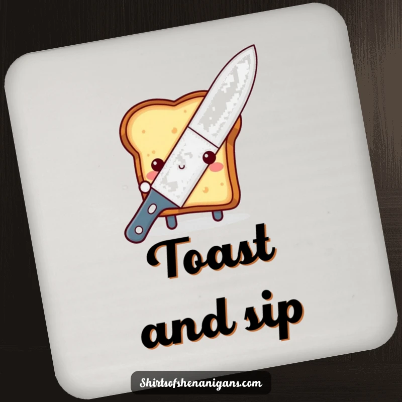 Funny shy toast drink coaster, peeking from behind a giant butter knife, for cute surface protection.