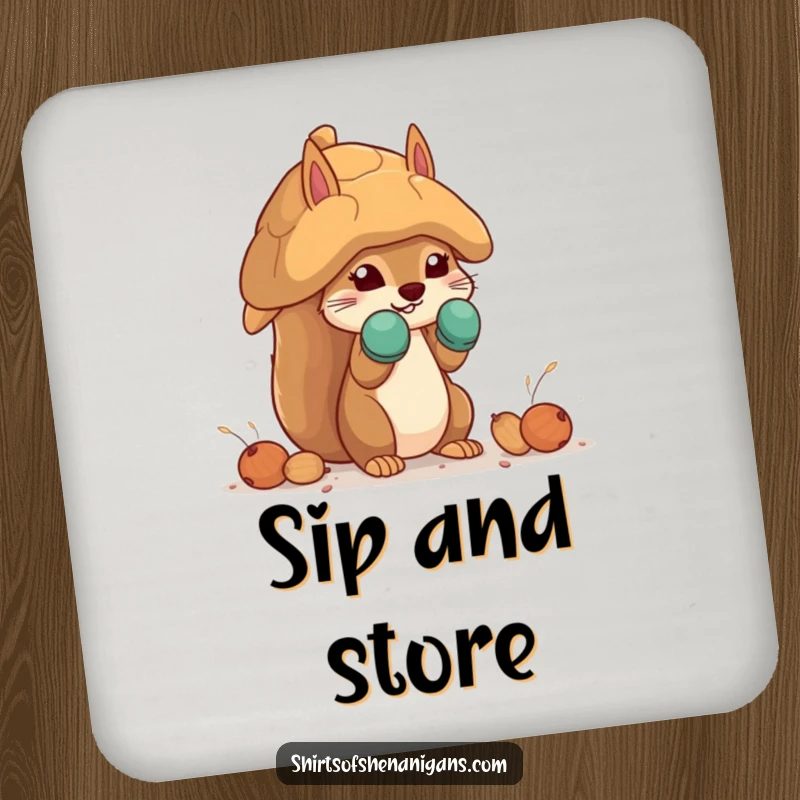 Funny squirrel coaster featuring a squirrel in mittens building a giant nut house, perfect for humorous drink protection.