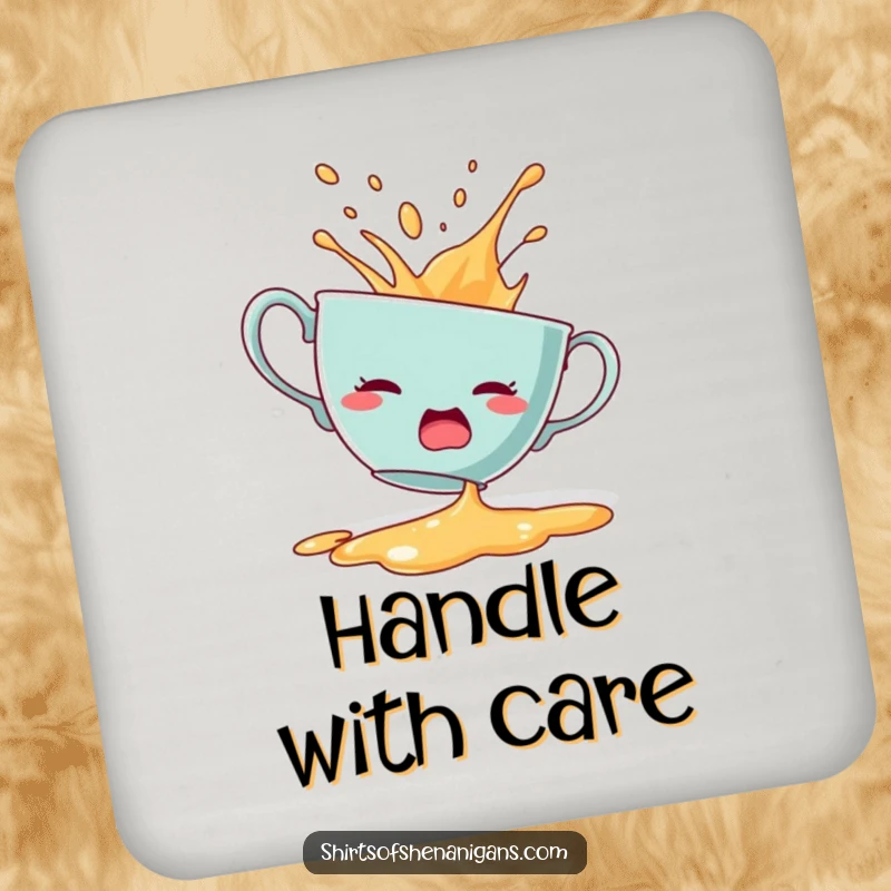 Funny drink coaster featuring a startled teacup dramatically spilling its contents.