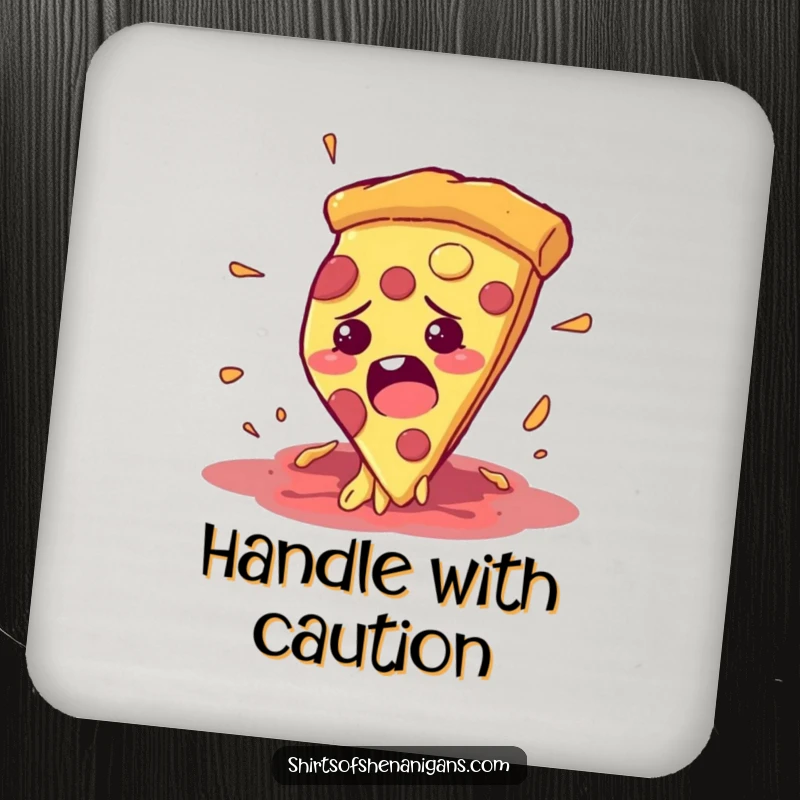 Funny drink coaster with a bewildered pizza slice comically escaping a hungry mouth, a humorous table accessory.
