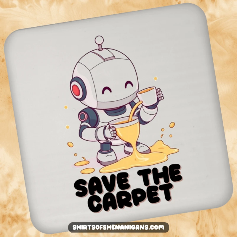 Funny robot coaster depicting a clumsy robot spilling tea with a shy smile, a humorous and practical addition to any table.