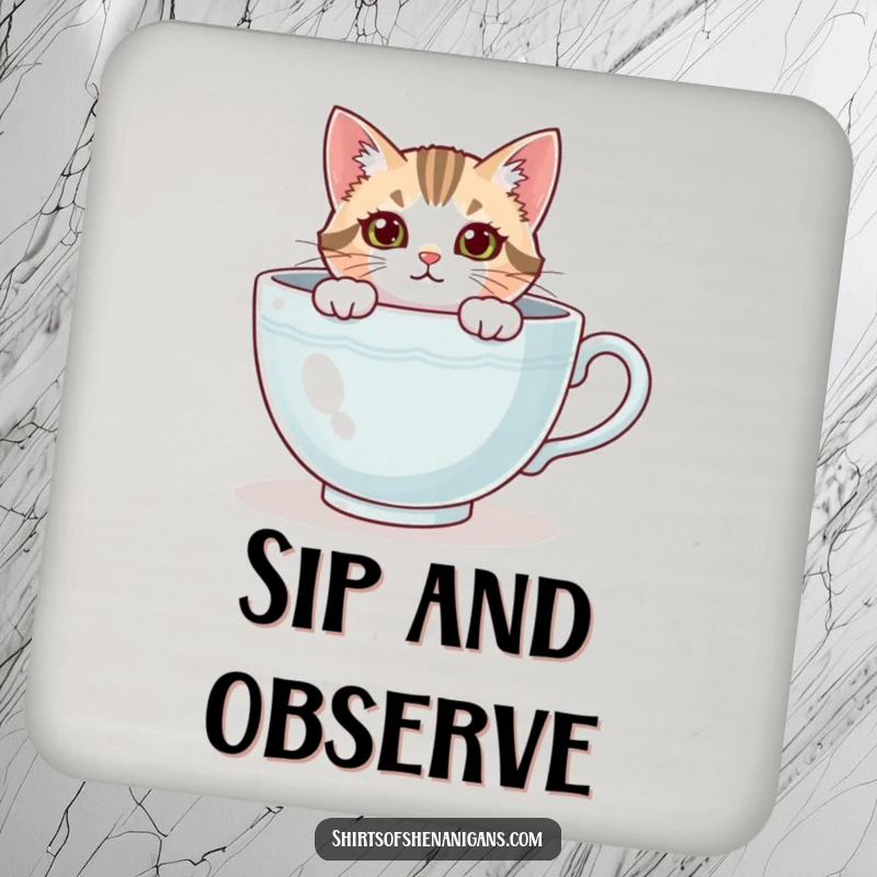 Funny cat coaster, a curious feline peeking from a large teacup, adding cozy charm. A cute and funny gift.