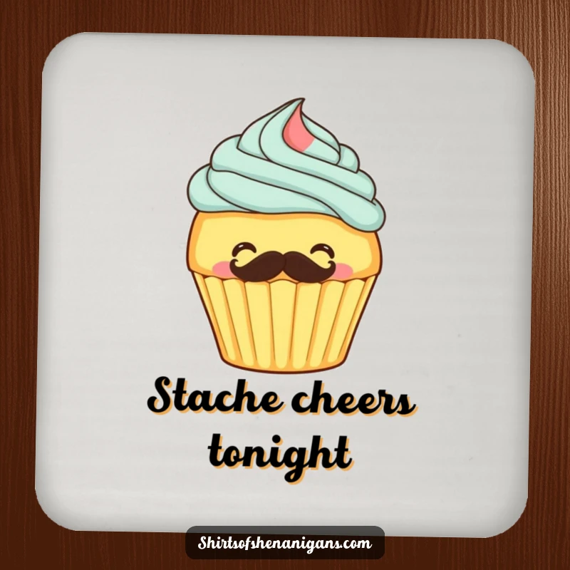 Funny drink coasters featuring a giggling cupcake frosting its own mustache, adding sweet humor to tables.