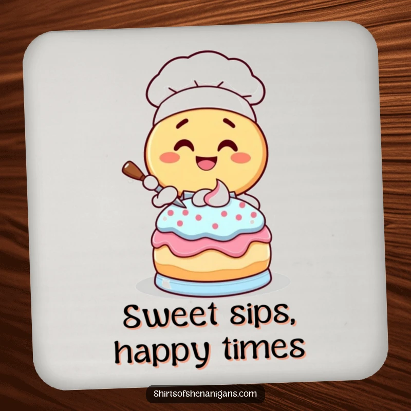 Funny Donut Chef Coaster: Giggling donut character frosting a cake, a fun and functional drink accessory.