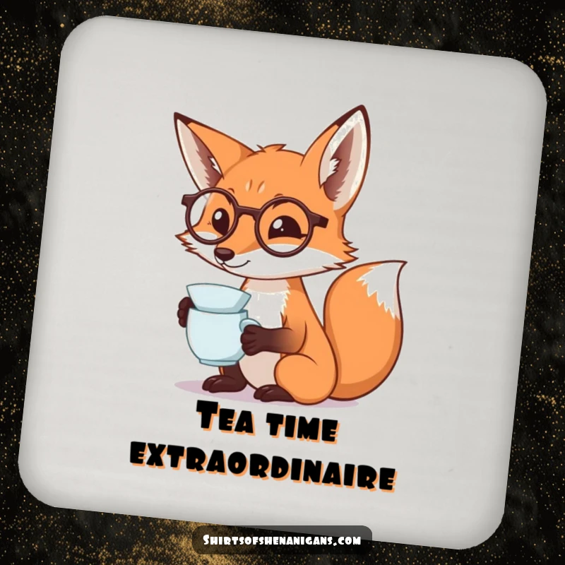 Funny fox coaster featuring a monocled fox dramatically sipping tea, perfect for humorous drink protection.
