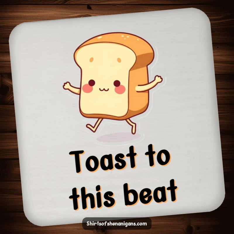 Funny dancing loaf of bread with tiny legs tapping its feet on drink coasters, providing humorous protection.
