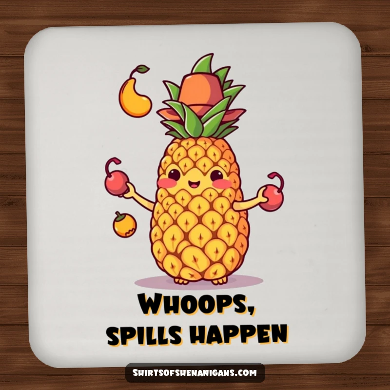 Funny drink coaster featuring a pineapple wearing a tiny hat, comically dropping its juggled fruit.