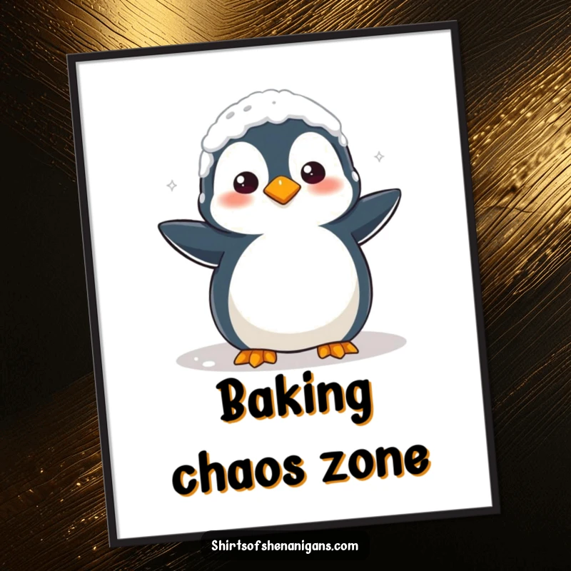 Funny Poster: A clumsy penguin covered in flour looks confused, perfect for humorous kitchen decor.