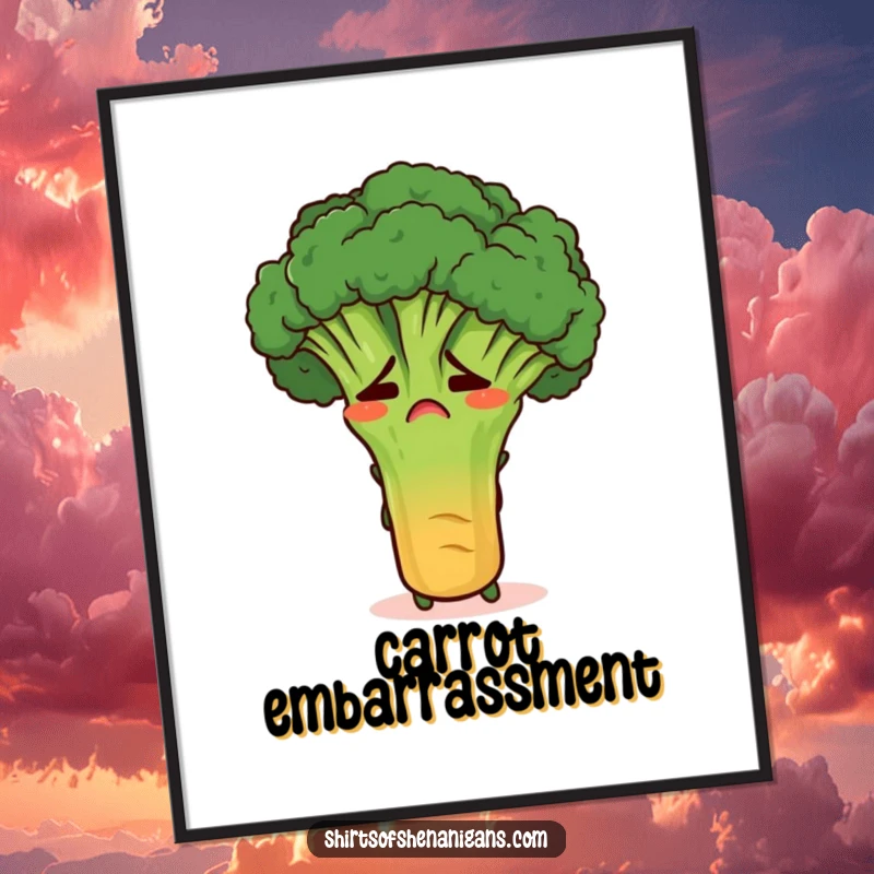 Funny embarrassed broccoli hiding behind a large carrot, depicted as humorous wall art for kitchens and dining spaces.