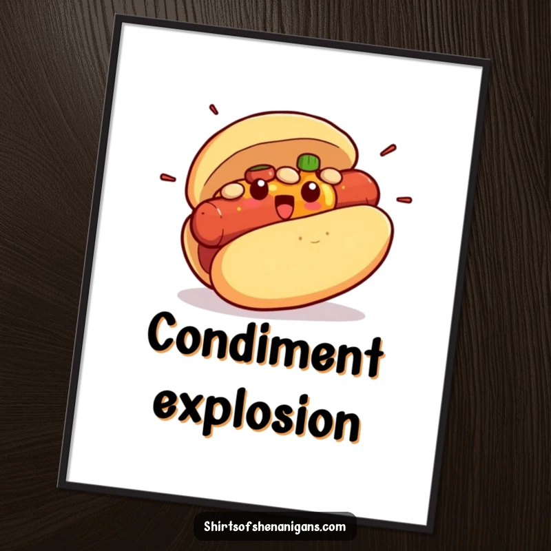 Funny poster featuring a shocked hot dog bun with its condiment filling bursting out, a whimsical food illustration.