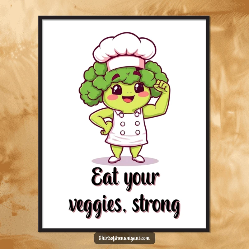 Funny Broccoli Chef Poster: Proud cartoon broccoli flexing muscle, motivational and humorous wall art.