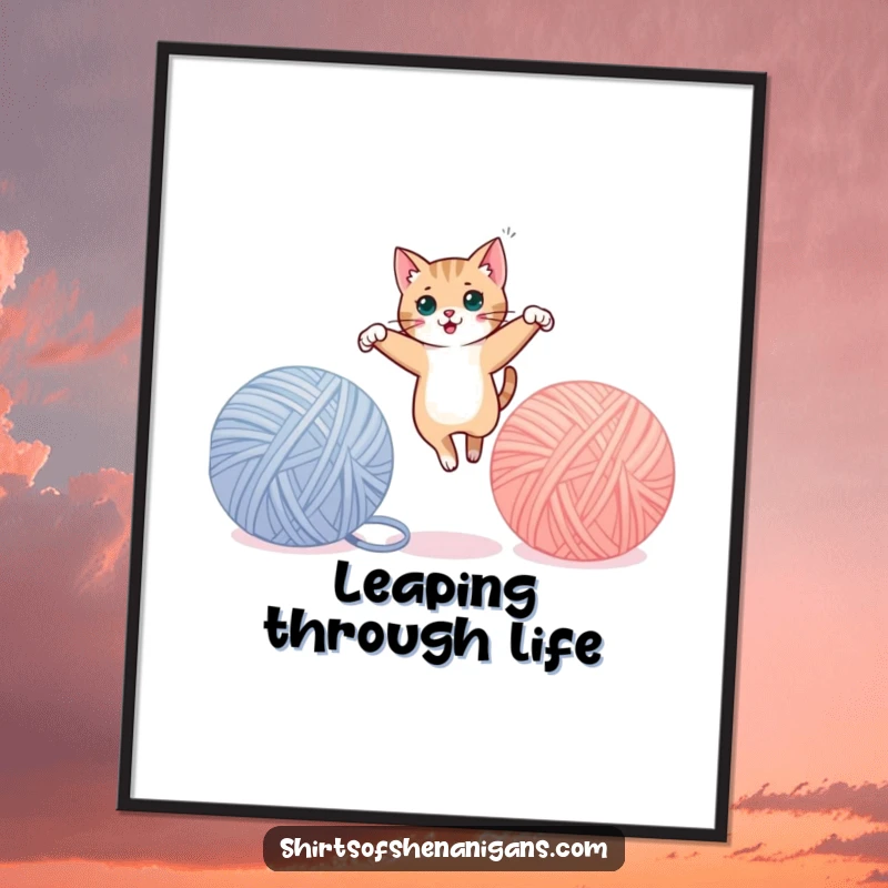 Funny cat poster depicting a sleek feline gracefully leaping between huge yarn balls, full of action. A great funny gift artwork.