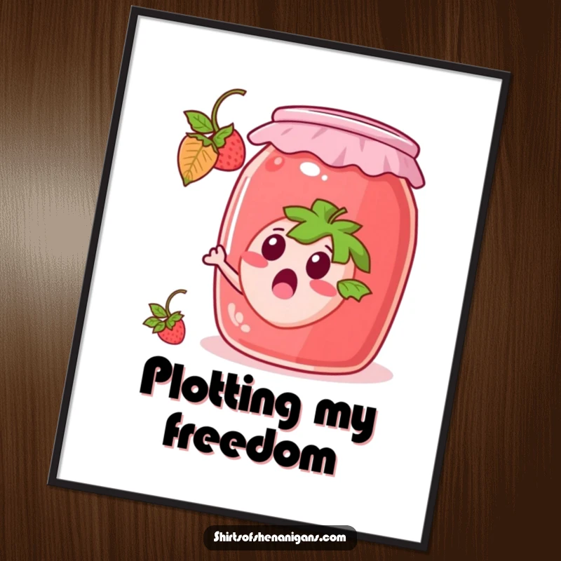 Funny Poster: Surprised strawberry escaping a giant jam jar, a delightful and humorous wall art.