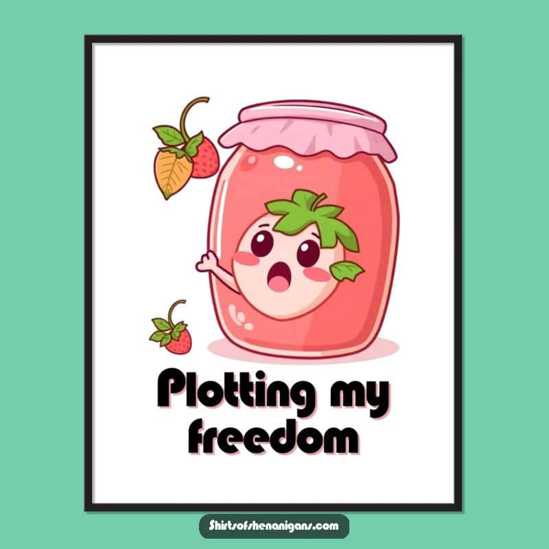 Funny Escaping Strawberry Poster: Fruity Art Print, Perfect Funny Gift for Berry Fans