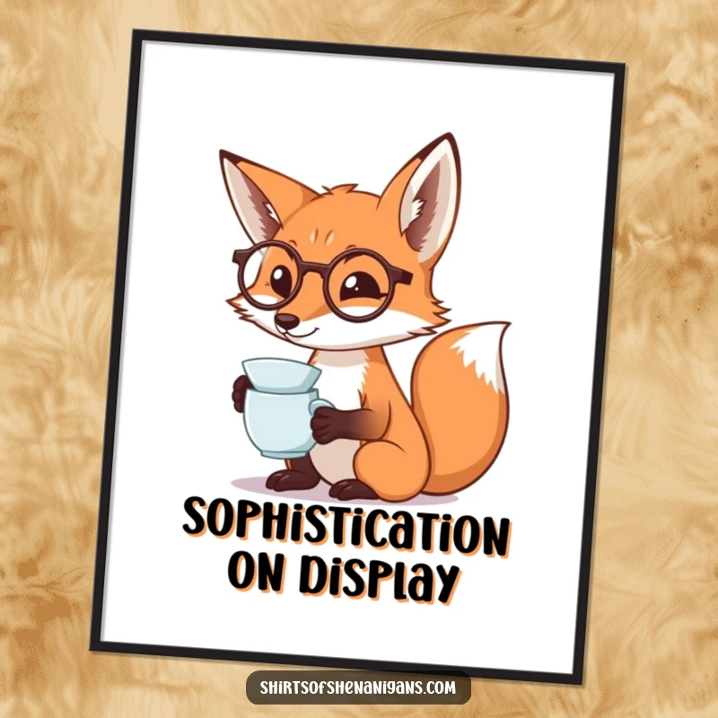 Funny fox poster featuring a monocled fox dramatically sipping tea, ideal for sophisticated and humorous wall art.