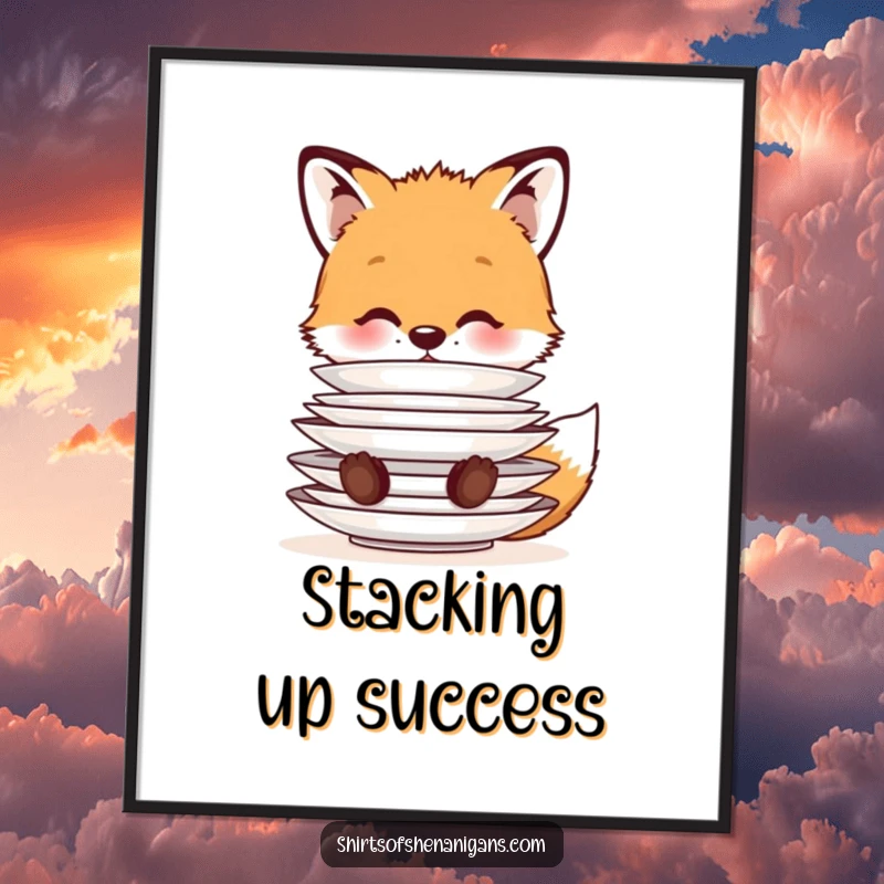 Funny Poster: A cute fox cub balancing a stack of plates on its nose, charming wall art celebrating animal talent and humor.