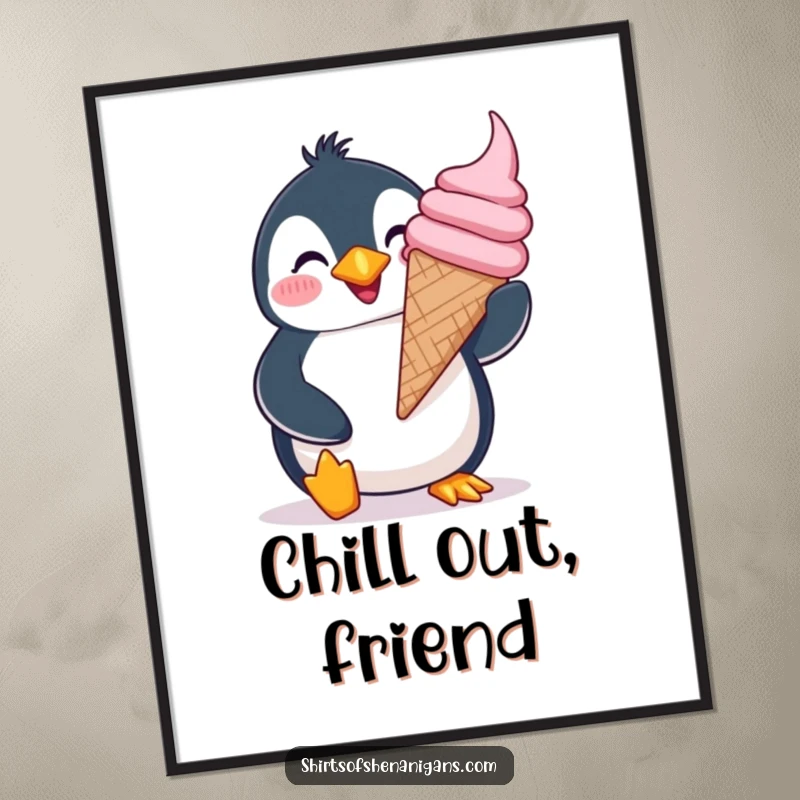 Funny giddy penguin poster, joyfully balancing a huge ice cream cone with a silly grin, creating happy wall art.
