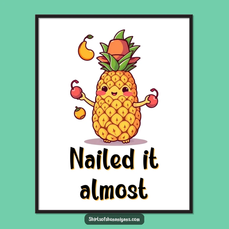 Funny Juggling Pineapple Poster: Vibrant, humorous fruit art, the perfect funny gift for any wall.
