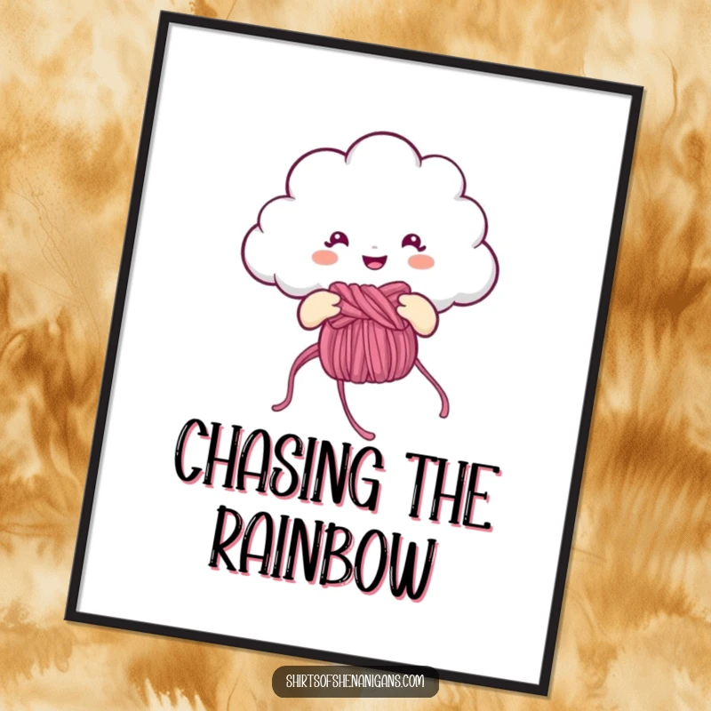 Funny Poster: Cheerful cloud knitting a rainbow, a delightful and humorous wall art.