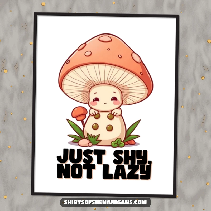 Funny Mushroom Chef Poster: Shy cartoon mushroom peeking from cap, charming and humorous wall art.