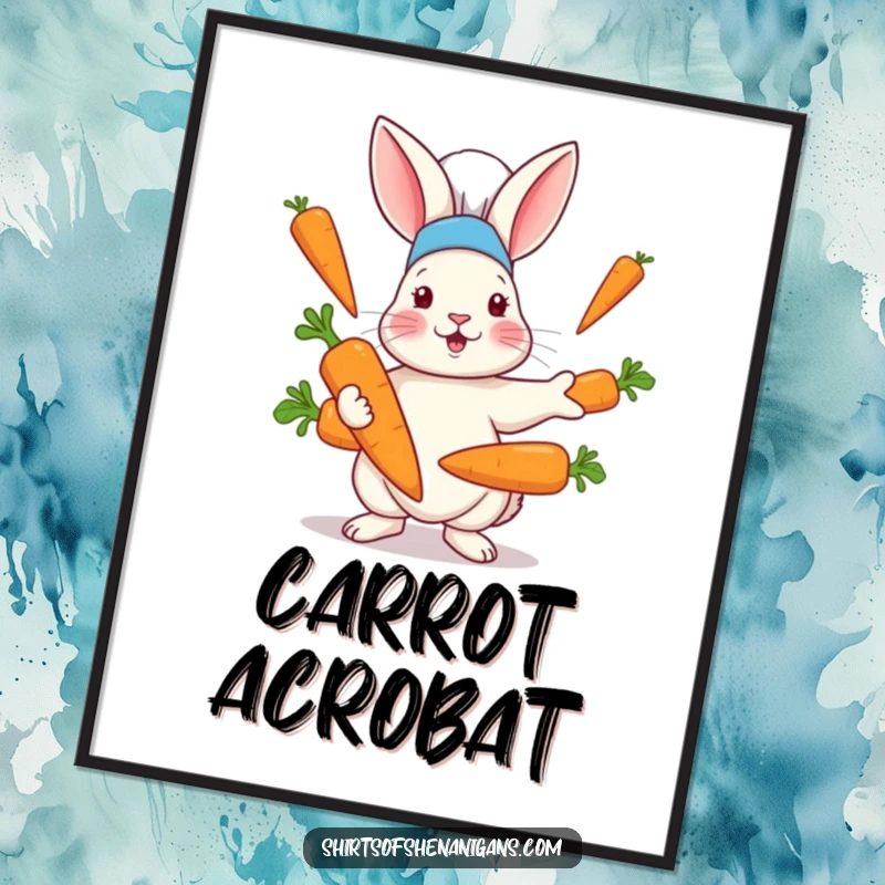 Funny poster art of a rabbit wearing a chef hat, comically juggling oversized carrots, adding a touch of gourmet humor to decor.
