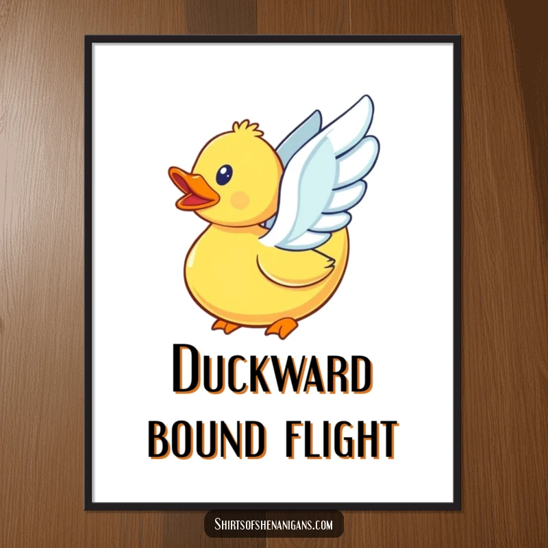 Funny rubber duck flapping small wings vigorously, attempting to take flight, on a vibrant poster.