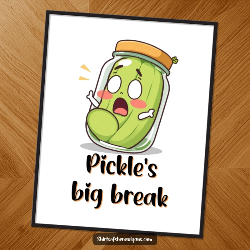 Funny shocked pickle artistically rolling out of a jar, depicted with wide eyes on a vibrant poster.
