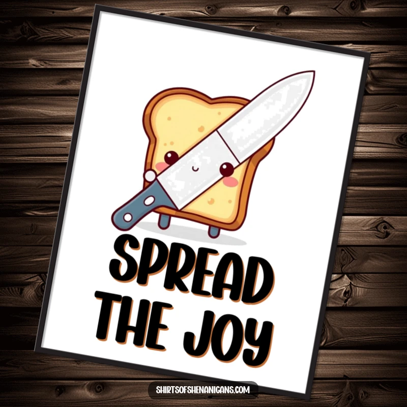 Funny shy toast poster, peeking shyly from behind a large butter knife, creating cute and charming breakfast art walls.