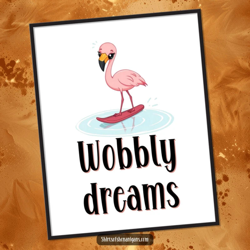 Funny startled flamingo poster, cross-eyed and water skiing on a puddle, creating humorous and quirky wall art.