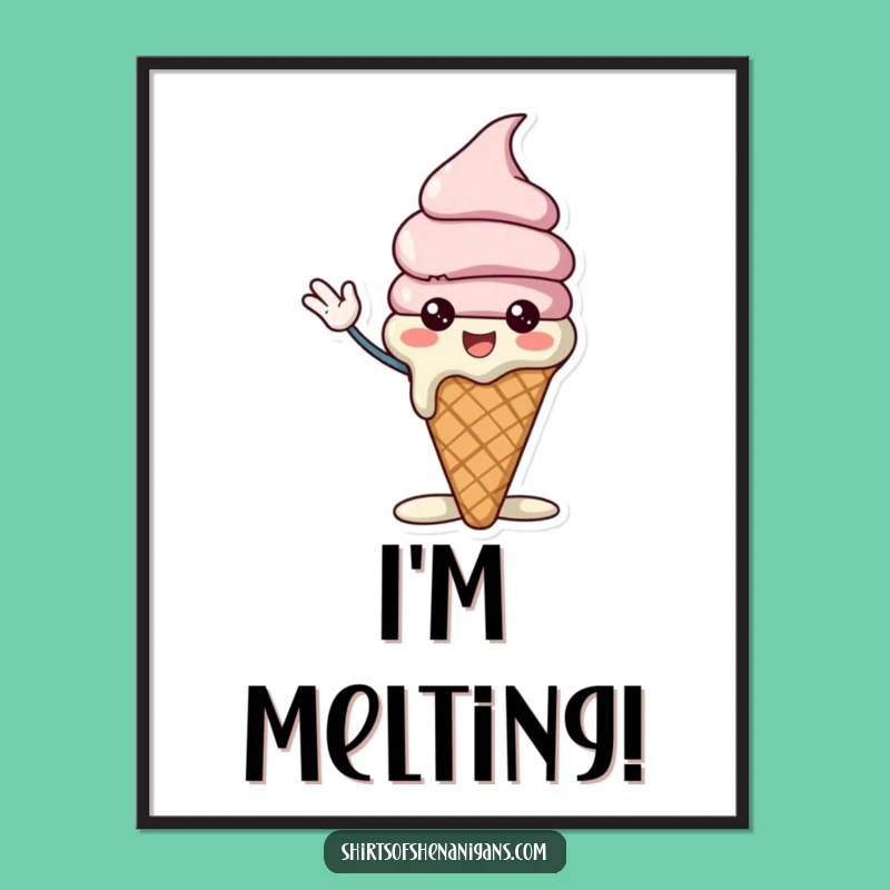 Funny Ice Cream Cone Poster - Cheerful Melting Character & Waving Art Gift