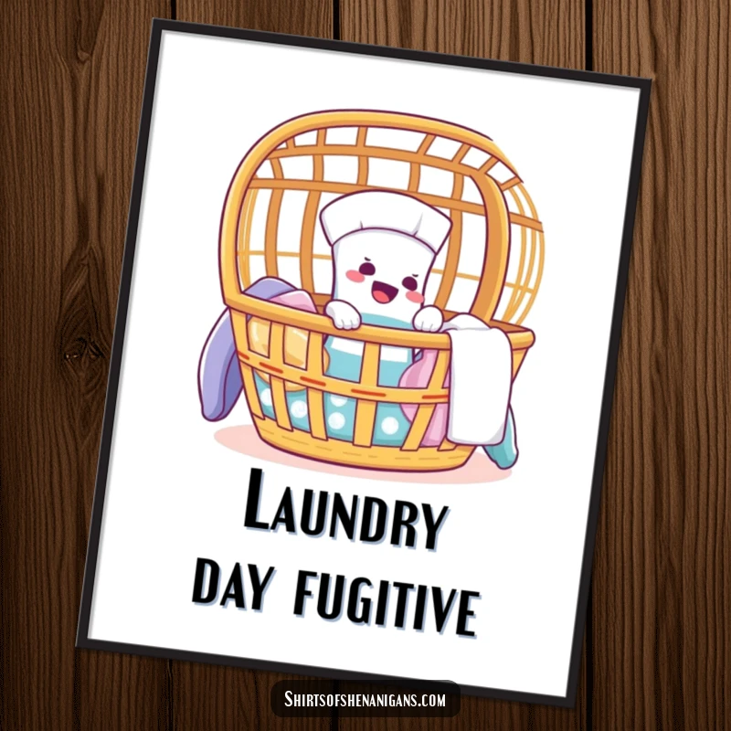 Funny poster print of a giggling sock making a comical escape from a laundry basket.