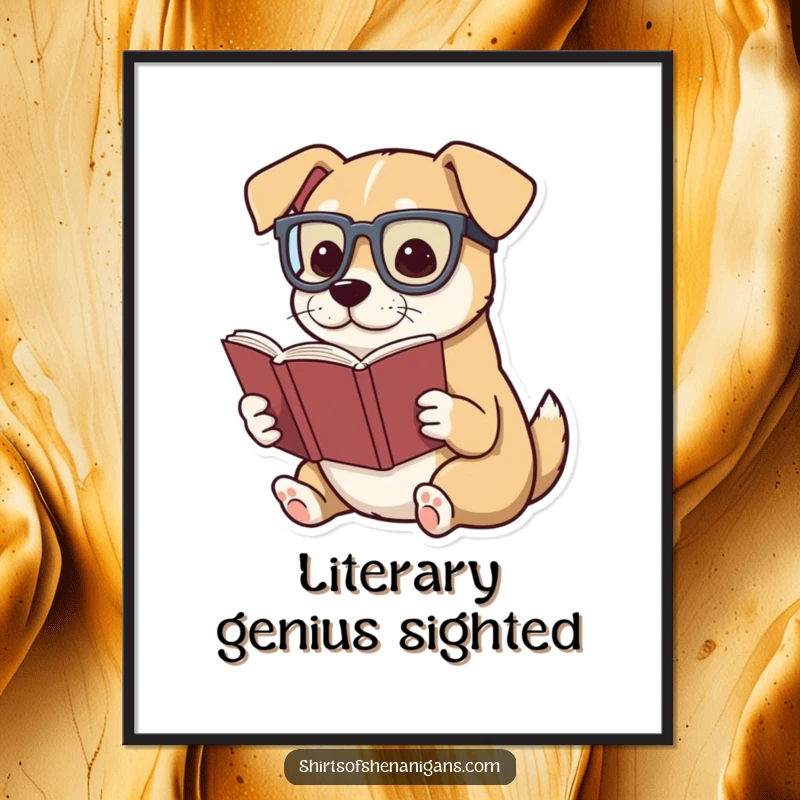 Funny poster print of a dog wearing glasses, dramatically reading a very small book, intellectual art.