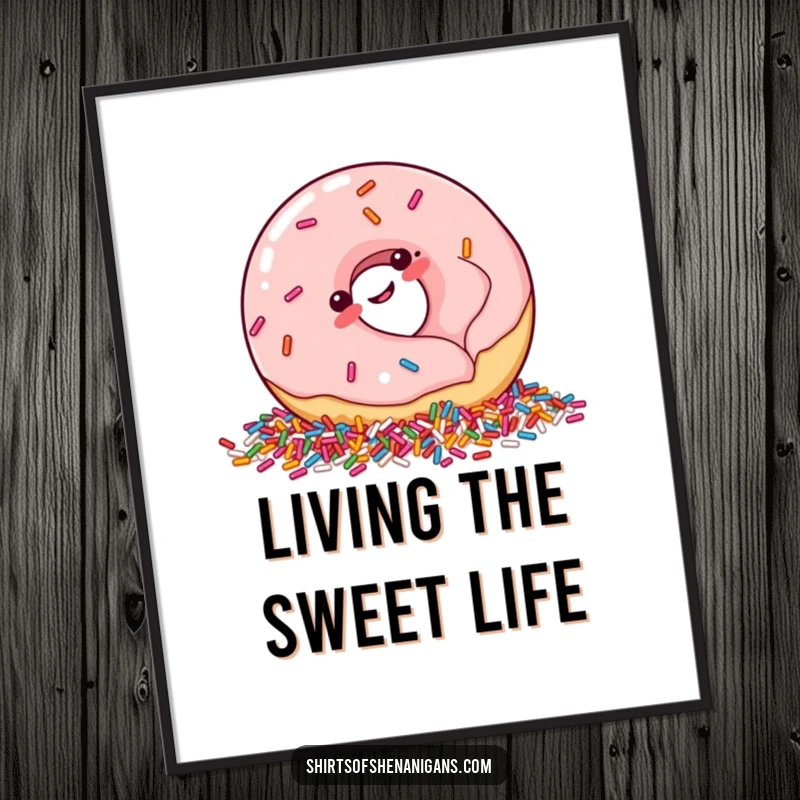 Funny Poster: Plump donut giggling into sprinkles, a delightful and humorous wall art for food lovers.