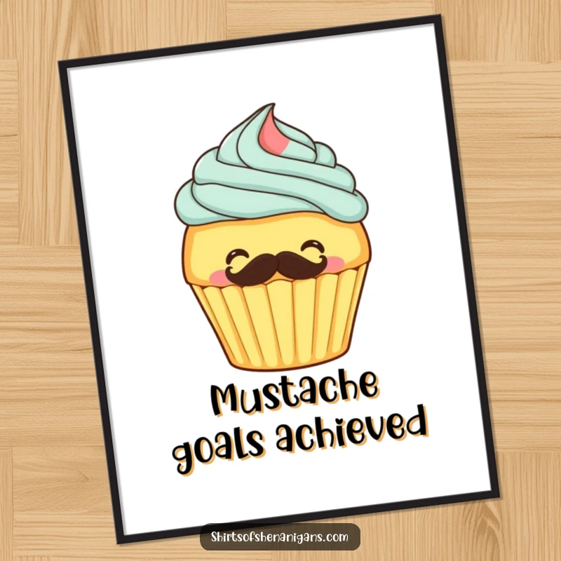 Funny poster illustration of a cupcake gleefully frosting a mustache onto itself, adding playful dessert-themed art.